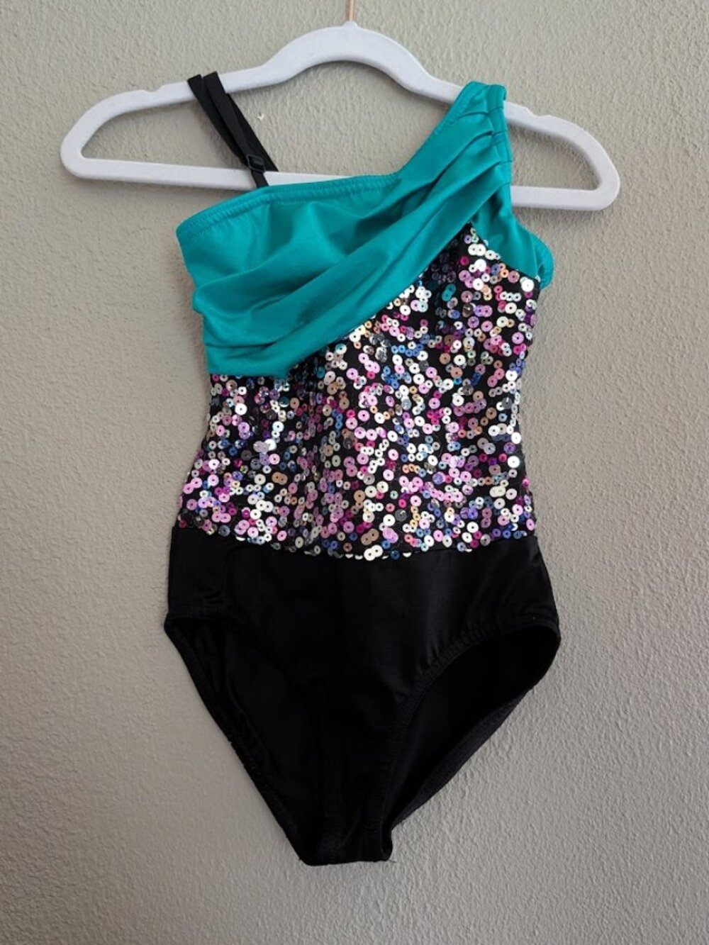 Costume Gallery Teal Sequin Asymmetrical Dance Costume Leotard Child Small